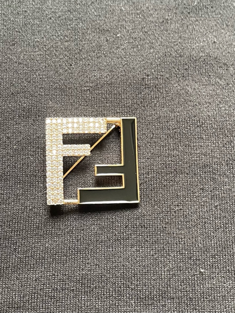 Monogram Square Pin Brooch in Black and Gold with Crystal Pavé